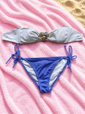 Victoria’s Secret Strapless Bikini Top with Jewel Heart & Purple Tie-Side Bottom